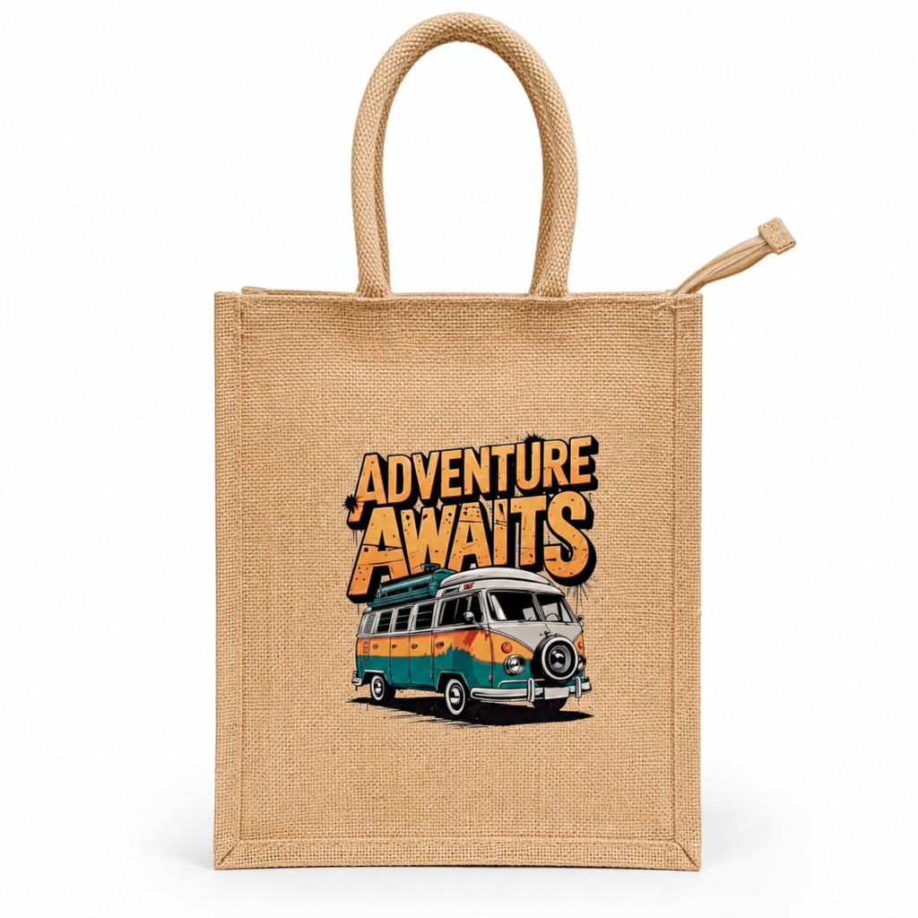 Ready Stock natural jute lunch bag with Adventure Awaits multicolour DTF print, cotton rope handles and main zipper closure – SPJB0004-RS-D001