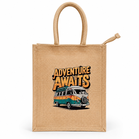 Ready stock natural jute lunch bag with Adventure Awaits multicolour print, cotton rope handles and main zipper closure – SPJB0004-RS-D001
