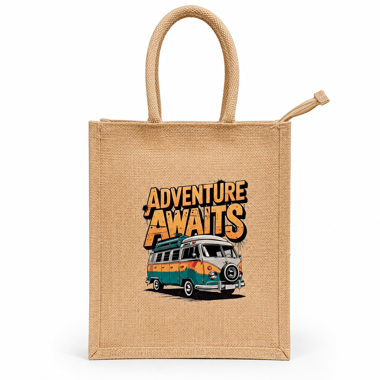 Ready Stock natural jute lunch bag with Adventure Awaits multicolour DTF print, cotton rope handles and main zipper closure – SPJB0004-RS-D001