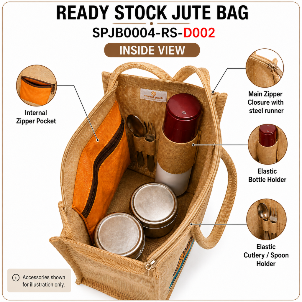 Back view of Adventure Awaits Ready Stock Jute Bag with external zipper pocket, steel runner, cotton rope handles and natural jute fabric – SPJB0004-RS-D001