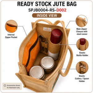 Back view of Adventure Awaits Ready Stock Jute Bag with external zipper pocket, steel runner, cotton rope handles and natural jute fabric – SPJB0004-RS-D001