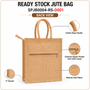 Inside view of Adventure Awaits Ready Stock Jute Bag with internal zipper pocket, elastic bottle holder, cutlery holder and main zipper – SPJB0004-RS-D001