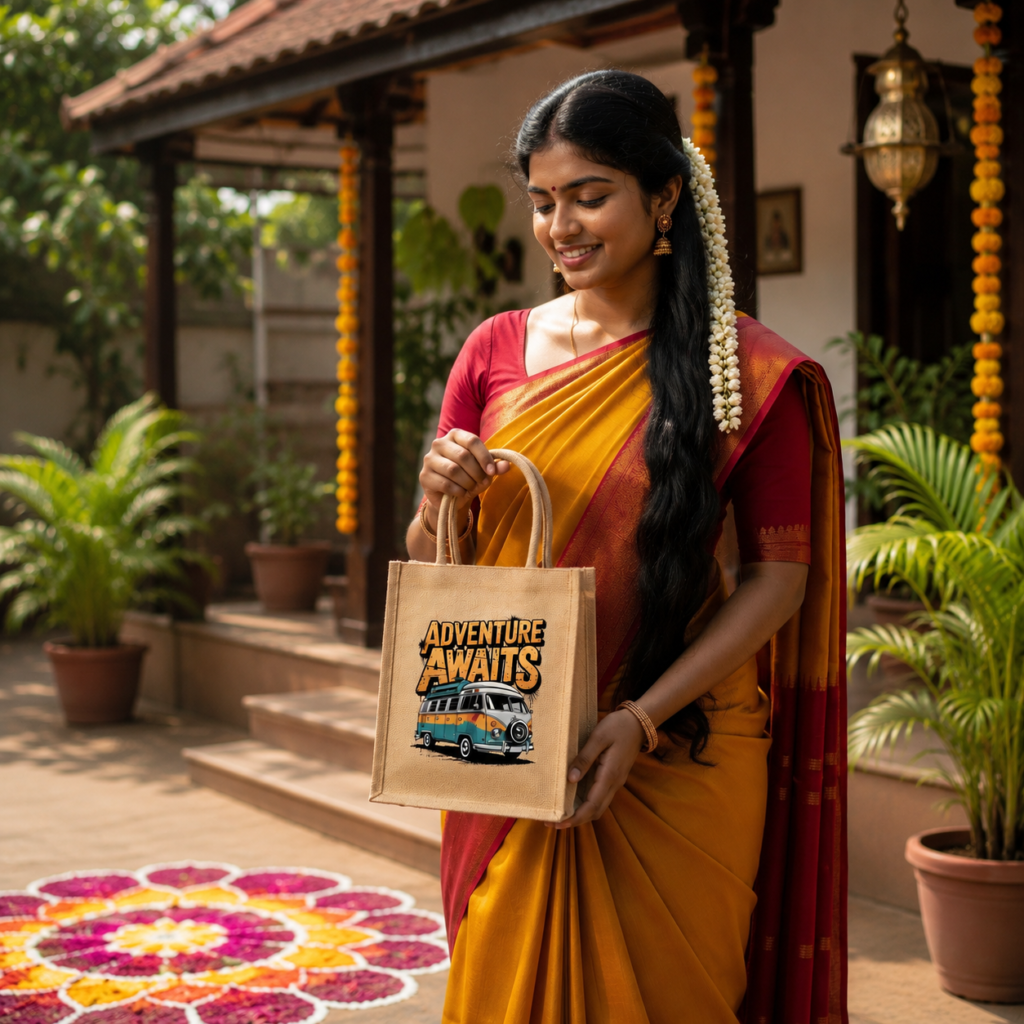 Woman carrying Adventure Awaits Ready Stock natural jute bag with cotton rope handles in an Indian lifestyle setting – SPJB0004-RS-D001