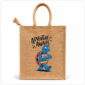 Ready Stock natural jute bag with Adventure Awaits turtle design, cotton rope handles and zipper closure – SPJB0004-RS-D002