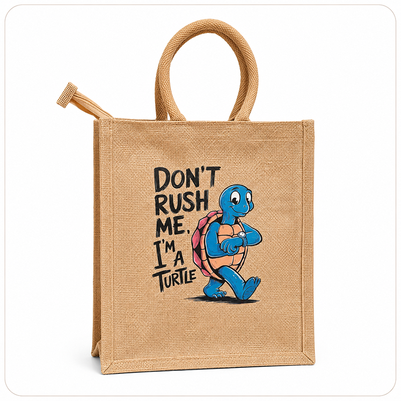 Ready stock natural jute bag with Don’t Rush Me turtle design, cotton rope handles and main zipper, SPJB0004-RS-D002